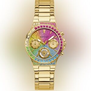 Guess Women's Gold Watch with Rainbow Rhinestone Dial